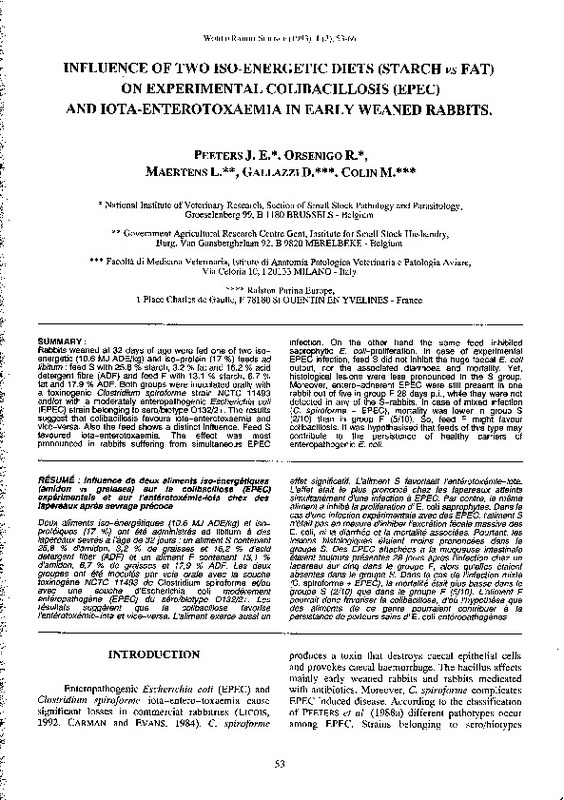 Influence Of Two Iso Energetic Diets Starch Vs Fat On Experimental Colibacillosis Epec And Iota Enterotoxaemia In Early Weaned Rabbits