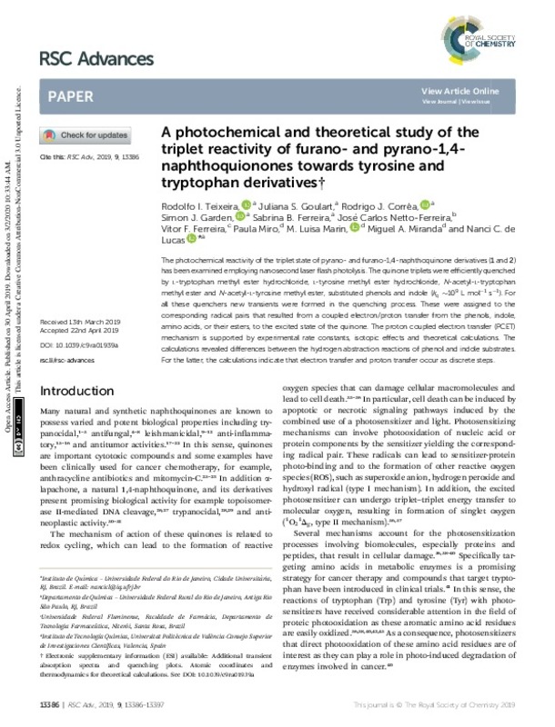 A Photochemical And Theoretical Study Of The Triplet Reactivity Of Furano And Pyrano 1 4 Naphthoquionones Towards Tyrosine And